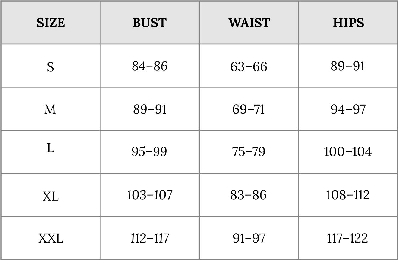 Size chart in cm
