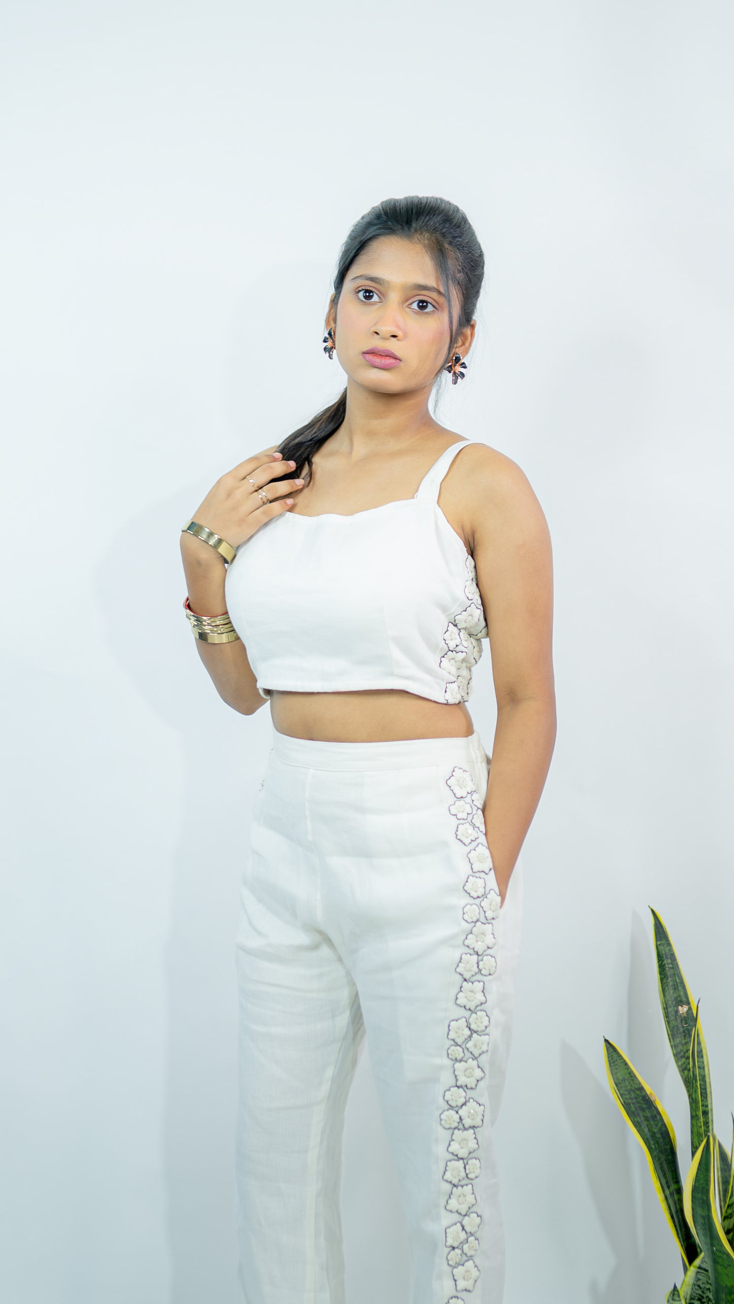 White Flower Embroidered Cord Set