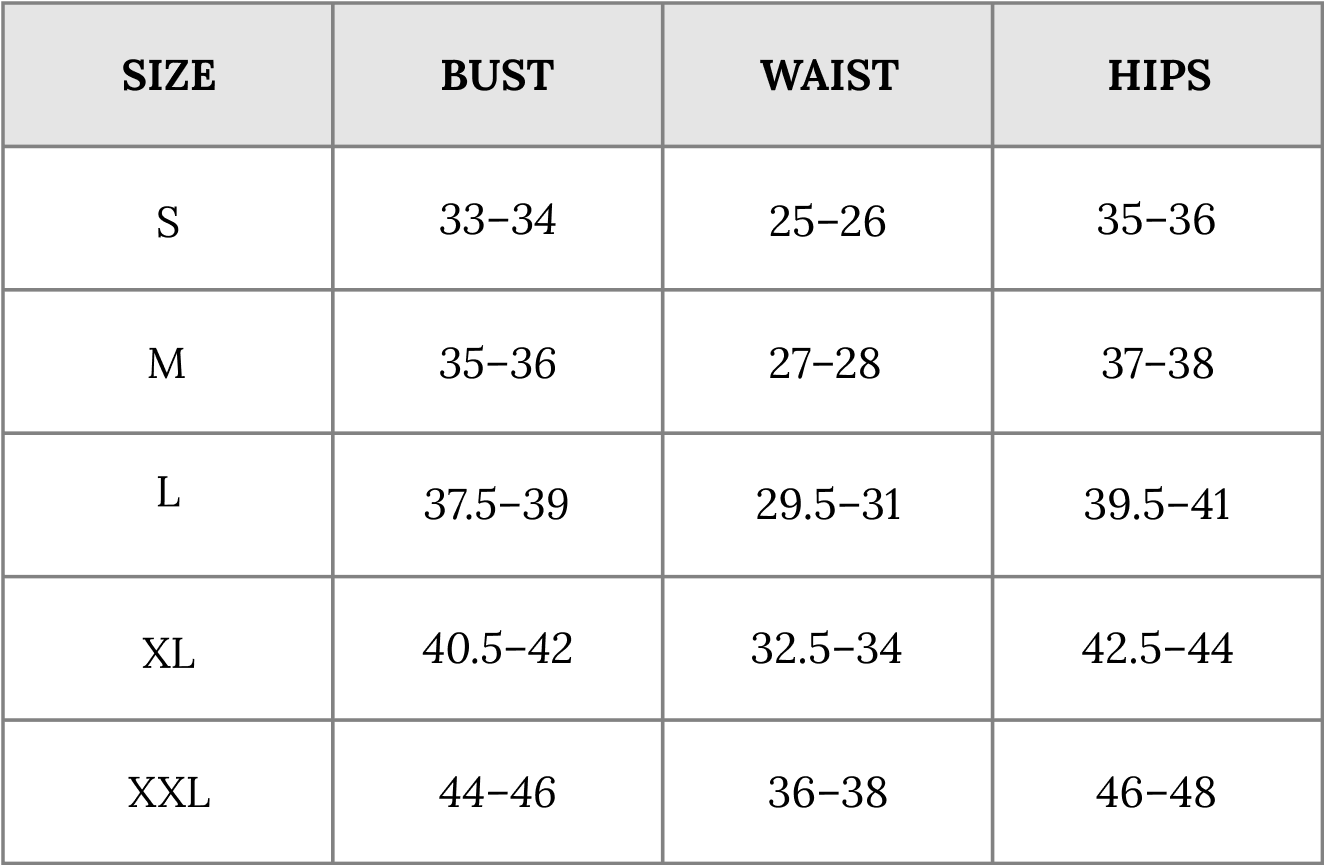 Size chart in inch