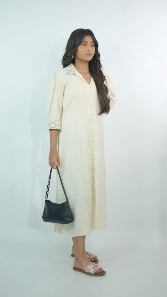 White Embroidered Collar Shirt Dress